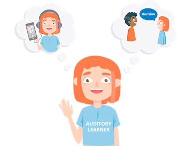 A young girl with thought bubbles showing: listening to a podcast, and speaking with others. 