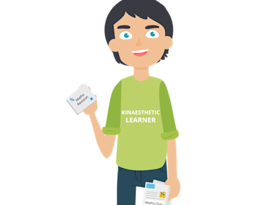 A boy holding cue cards and practice papers. 